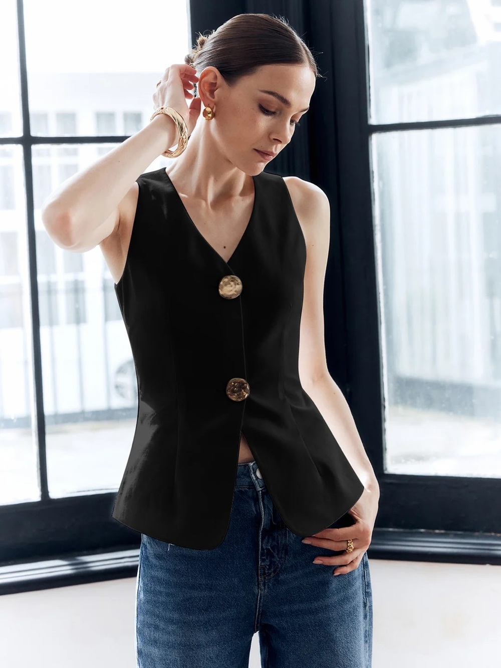 265 Cotton & Linen Metal Button Solid Vest